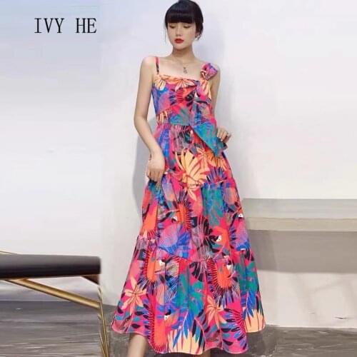 IVY HE Europe And South Korea Dresses 2021 Summer New Retro Ethnic Temperament Bowknot Square Neck Printing Splicing Sling Dress