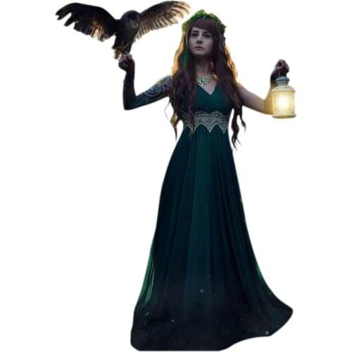 Halloween Cosplay Forest Elf Fairy Costume Maxi Floor Dress Adult Women Celtic Princess Pagan Witch Wedding Gown Robe Dress 5XL