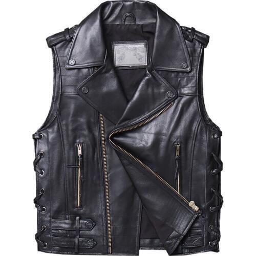 New Stylish Genuine Leather Vests Men Real Sheepskin Motorcycle Waistcoats Vest Jacket Casual Punk Hip Hop Male Biker Gilet