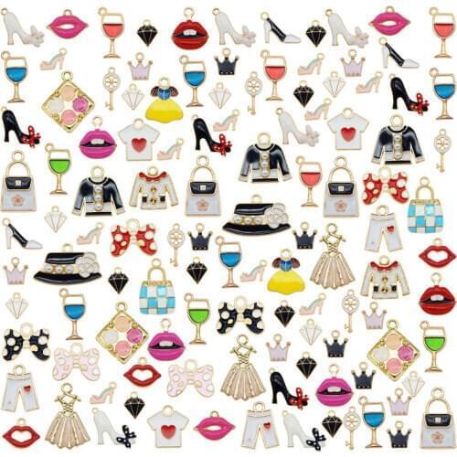Julie Wang 25PCS Enamel Charms Random Mixed Clothes Lip Lipstick Cup Bag Shoes Alloy Necklace Bracelet Jewelry Making Accessory