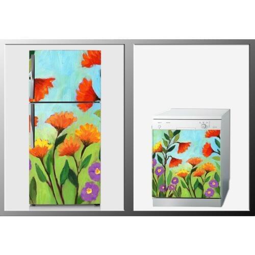 3D Fridge Sticker Spring Flowers Refrigerator Dishwasher Door Cover Kitchen Home Decoration Accessories Modern 3d Wall Stickers