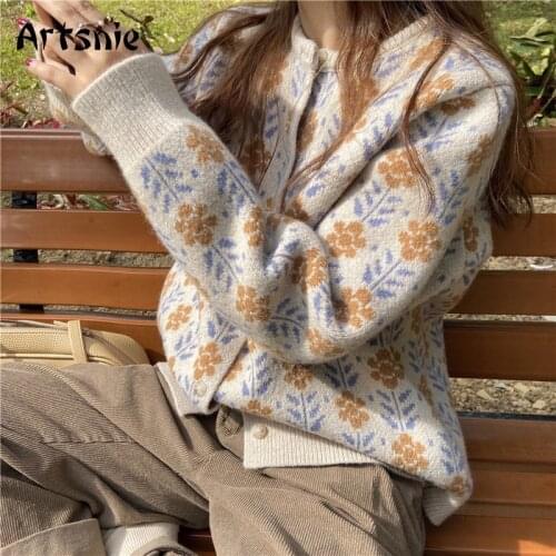 Artsnie Vintage Floral Cardigan Women Autumn O Neck Long Sleeve Sweater Pull Femme Streetwear Single Breasted Cardigan Sweaters