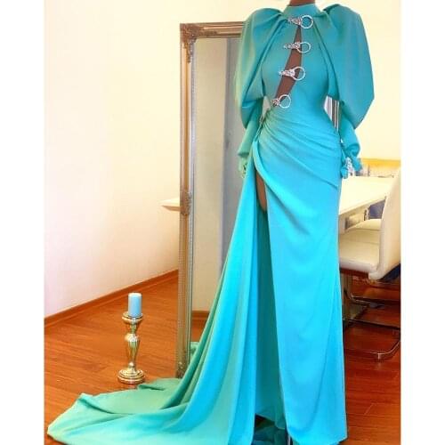 High End Turquoise High Split Long Mermaid Evening Gowns Elegant Full Sleeves Crystal Button Formal Dresses Women