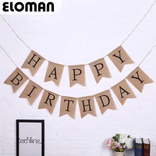ELOMAN 'Happy Birthday' Vintage Natural Jute birthday party Triangle Flags handmade hanging decorations banners