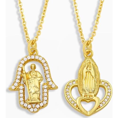 FLOLA CZ Micro Pave Virgin Mary Necklace For Women Fatima Hand Pendant Necklace Zirconia Gold Plated Jewelry guadalupe nkeu01