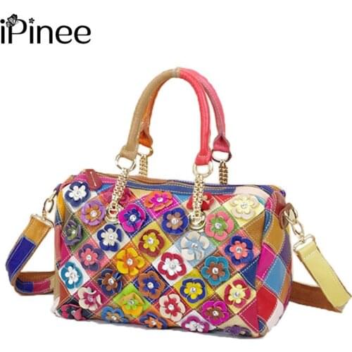 IPinee New 100% Genuine Leather Handbags Women Fashion Patchwork Flowers Bags Shoulder Bag Tote Colorful