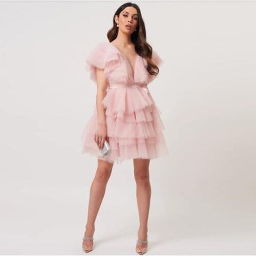 Sweet Blush Pink Yong Girls Short Tulle Dresses To School New Year Party Double V-neck Mini Ruffles Tulle Women Dress