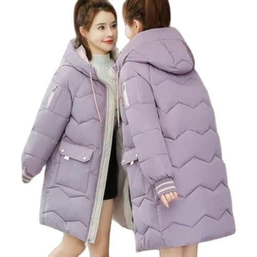 2021Miss New Down Cotton Winter Mid-Length Pocket Zipper Hooded Temperament Loose Thicken Cotton Ladies Coat Overcoat Parka