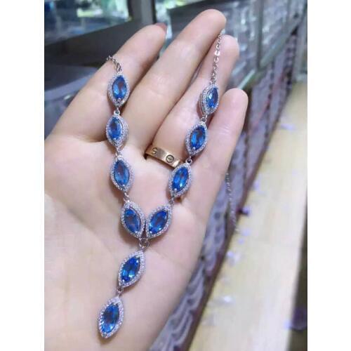 Natural blue topaz Necklace natural gemstone Pendant Necklace S925 silver trendy Elegant simplicity women party fine Jewelry