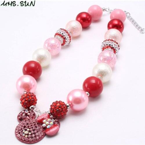 MHS.SUN Fashion Rhinestone Cartoon Pendant Necklace Pink+Red Cute Kids Baby Chunky Bubblegum Beads Necklace For Girls Jewelry