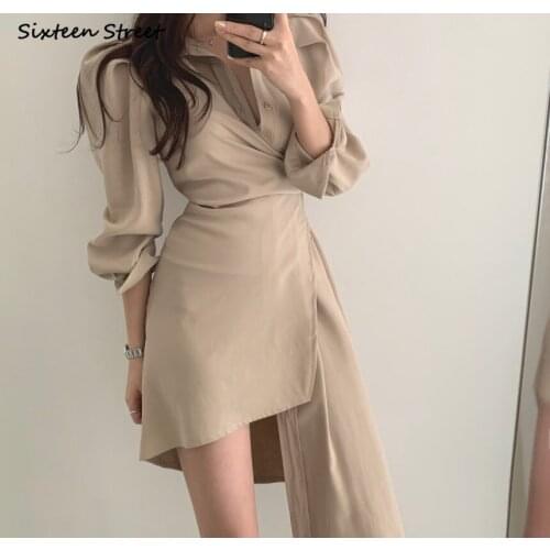 Apricot Chic Irregular Dress Woman Autumn Spring Single-breasted Elegant Party Dress Vestido Ladies Business Y2k Long Dresses
