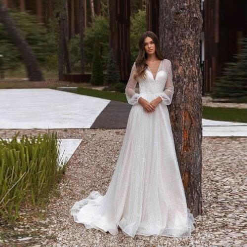 2020 Gothic V-neck Tulle Bridal Gown With Beading Court Train A-line Wedding Dress Long Sleeve vestido de noiva Bride Dresses