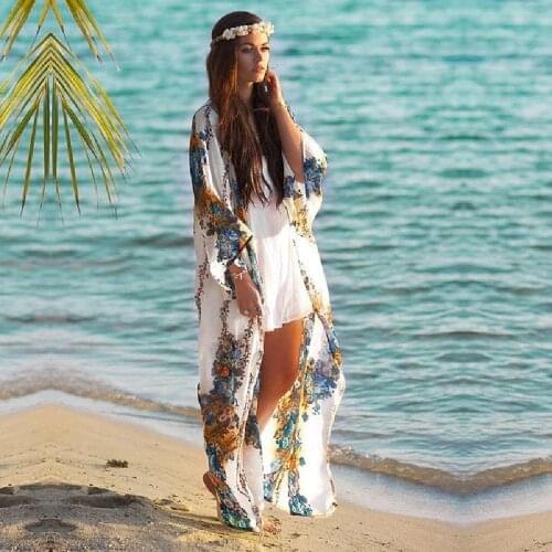 Beach Cover up Tunics for Beach Print Chiffon Long Kaftan Bikini Cover up Robe de Plage Sarong Beach Wrap Swimsuit coverup #Q608