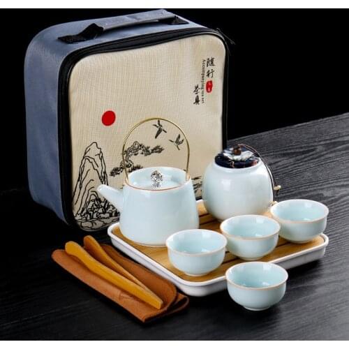 Portable Travel Tea Set Kung Fu Teaware Teapot 1 Pot 4 Cup Tea Set Chinese Designer Green Teapot Set Ceramic Portable Teapot