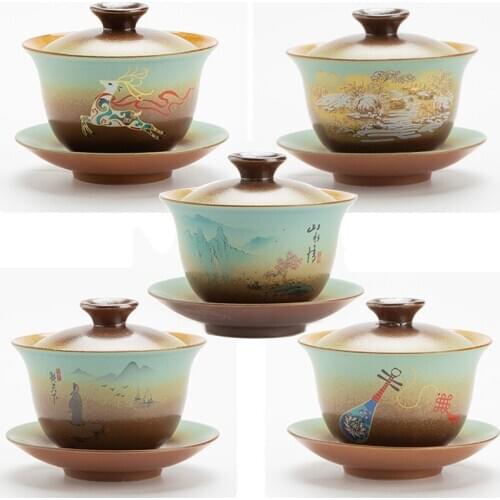 Retro Firewood Covered Ceramic Sancai 180ml Tea Bowl Kung Fu Tea Set Running Tea Tureen with plate