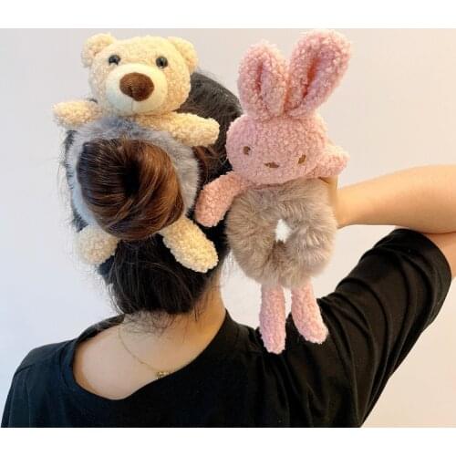 Cute Plush Scrunchie Cartoon Bear Rabbit Elastic Hair Bands Girls Women Ponytail Holder Hair Rope Tie Winter Hair Accessories