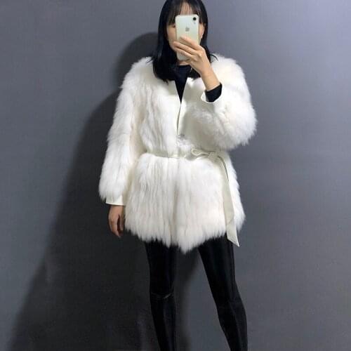 Rf20137 2020 New Womens Real White Fox Fur Coat with Belt Bracelet Sleeve V Neck Causal Jacket