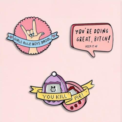 Pink Words Sign Enamel Pin Gesture Game Machine Dialog Brooch Denim Jeans shirt Bag Cartoon Fashion Jewelry Gift for Friends