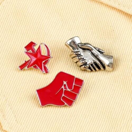 USSR Sickle Hammer Enamel Pin High Quality Red Fist Shake Hands Brooches Cool Lapel Pins Badges Bag Decoration Jewelry Gift New