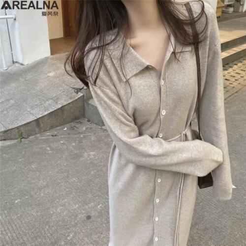 Chic Women Long Knit Maxi Sweater Dress Autumn Winter Knitted A Line Dress lapel Knitwear Soft Christmas Pullover Party Dresses