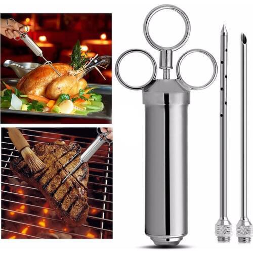 2OZ Stainless Steel Seasoning Injector Poultry Turkey Marinade Flavour Syringe Injector with two needles BBQ Meat Cooking Tool