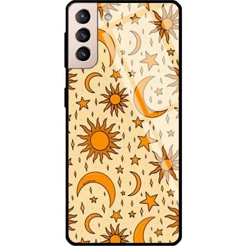 Vintage Sun and Star Print Tempered Glass Phone Case For Samsung Galaxy S20 FE S21 Ultra Note20 S8 S9 10 Plus Note10