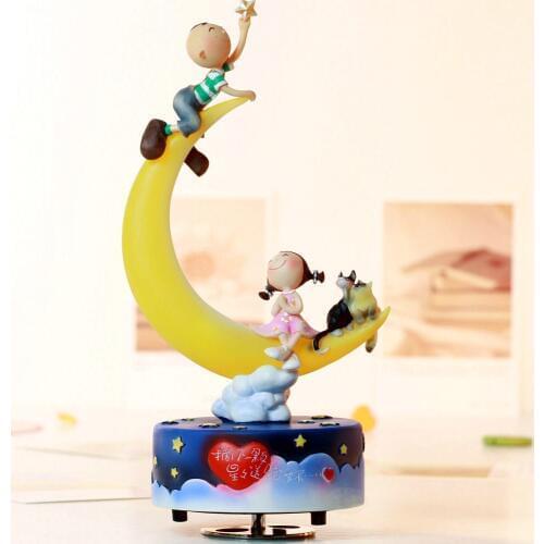 Rotating music box boy and girl in moon gifts girlfriend gifts for wedding and Christmas in home decoration free shipping
