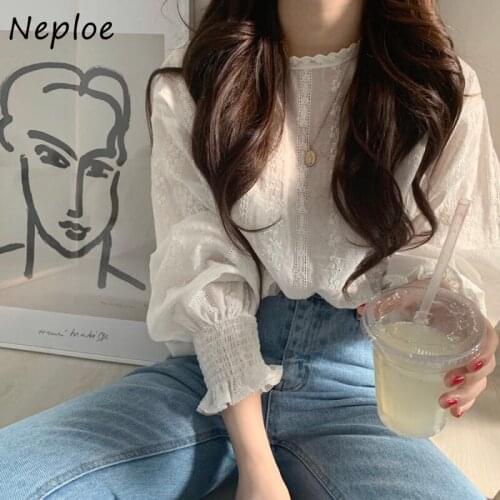 Sweet Sytle Age-reduction Shirts 2021 New Autumn Crochet Hollow Lace Lantern Sleeve Blouses O-neck Solid Color Femme Tops