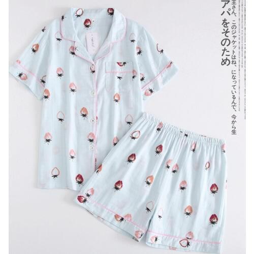 Strawberry Print Womens Summer Double Gauze Pajama Set 100% Cotton Short-sleeved Shorts Pajamas for Women 2-piece Pijama Mujer