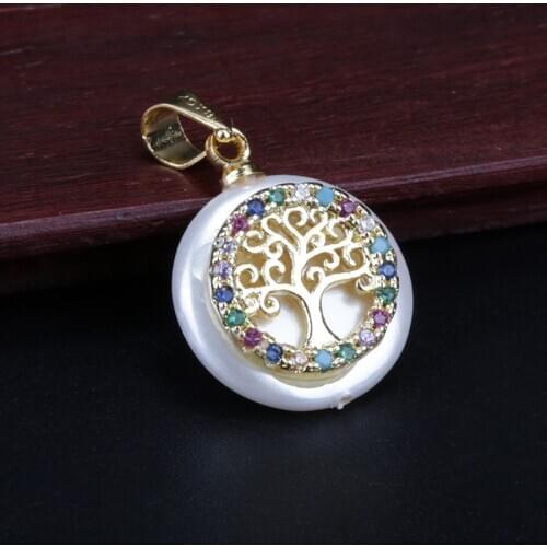 Rainbow multi color cz paved tiny gold tree of life charm white round coin pearl bead dainty pendant choker necklace for women