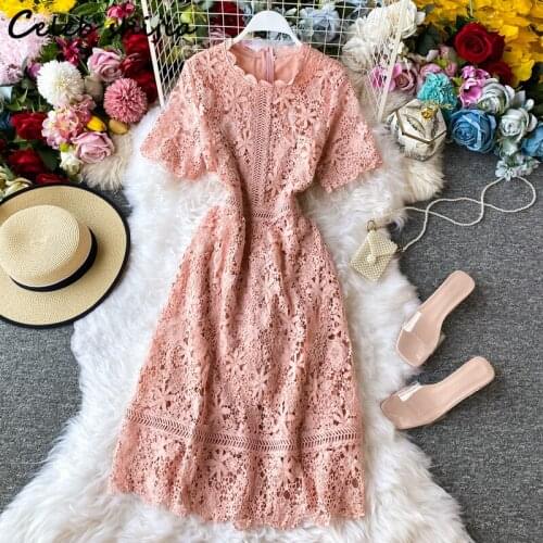 Pink Lace Dress Woman Short Sleeve High Waisted Mini Bodycon Dress Hollow Out Elegant Runway Party Dresses Female