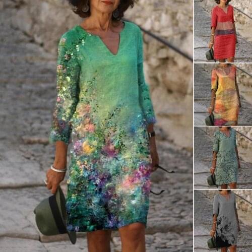 Knee-length V-neck Slim Floral Print Half Sleeve Women Dress Streetwear for Party Elegant vetement femme 2021 vestido de mujer