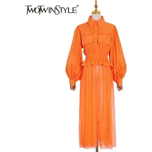TWOTWINSTYLE Casual Patchwork Perspective Dress For Women Lapel Lantern Long Sleeve High Waist Elegant Dresses Female Fashion