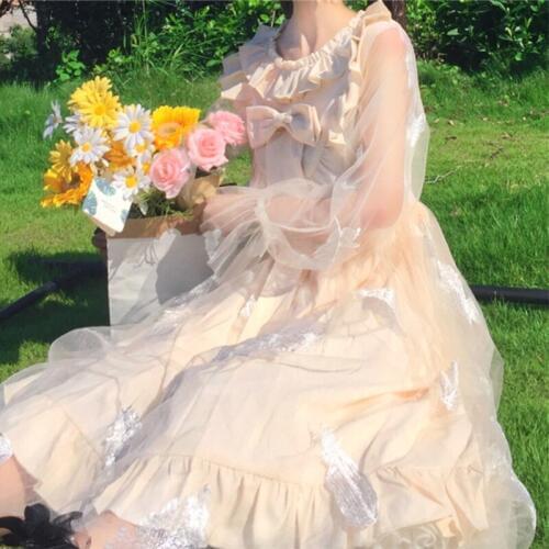 Japanese-Style Sweet Lolita Immortal Mesh Long-Sleeved Feather Embroidered Bow Ruffles Dress Female Summer lolita dress