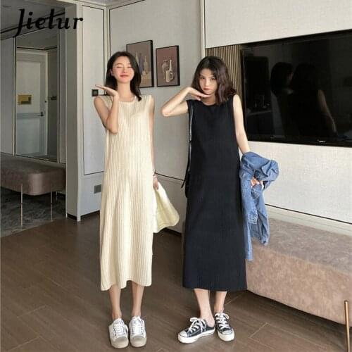 Jielur Dresses New Solid Color Slim Simple Knitted Summer Dress Chic 2021 Vestidos Long Women Dress Black Vestidos Robe Spring