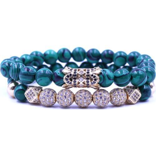 8mm 2PCS/Set xtg234 gold elastic adjusted nature malachite bead micro pave cz zircon cubic zirconia tube Bracelet