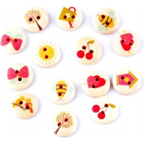 Free Shipping 10Pcs Random Mixed 2 Holes Print Cartoon Wood Buttons 15mm Dia. Sewing Tools For Diy Clothing Accessories F0584