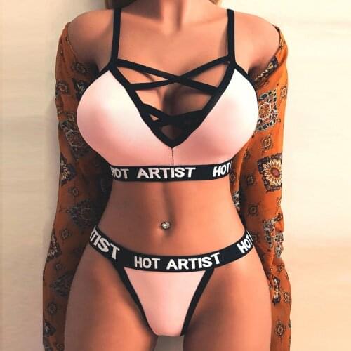 Letter Print Bikinis Bandage Swimsuits Women Push Up Swimwear Low Waist Bathing Suit Biquini Brazilian Bikini 2021 Beachwear #YJ