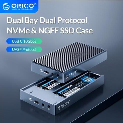 ORICO LSDT Dual Bay Dual Protocol M2 SSD Case Support M.2 NVME NGFF SATA SSD Disk For M Key & B+M Key SSD W/ 5V4A Power Adapter