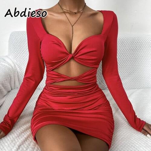 Abdieso Black Sexy Long Sleeve Bodycon Dress For Women 2021 Ruched Hollow Out Wrap Autumn Mini Club Party Dress Robe Femme
