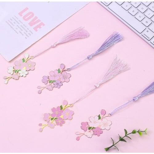 Kawaii Cherry Blossoms Bookmark Cute Pendant Tassel Copper Art Exquisite Book Mark Page Folder Office School Supplies Stationery