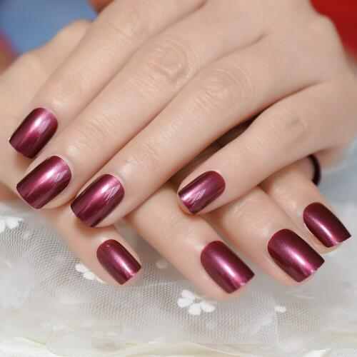 Short Dark Red Pearl Shimmer Press On Nails Simple Square Shiny Surface Fake Nail Beauty Sexy Acrylic Nails 24pcs