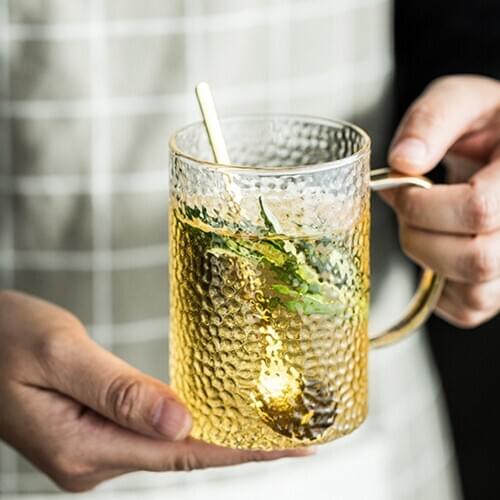 MUZITY Glass Tea Mug Embossed Design Glass Milk or Juice Mug with Golden Handle 350ML Drinkware