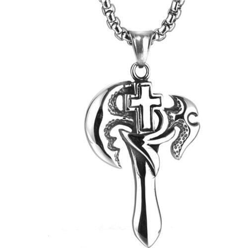 316L Stainless Steel Sword With Angel Wings Cross Pendant Necklaces Men Charms Rock Cross Pendant Necklace