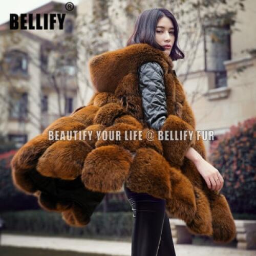 2020 New Fashion Womens Real Whole Plaid Fox Fur Hooded Coats With Genuine Leather Sleeve Lady Real Fur Winter Hemp Overcoat