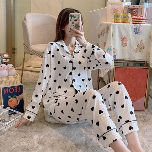 Pajamas For Women Plus Size Autumn 100% Cotton Pijamas Set Winter Cardigan Sleepwear Love Pattern Pyjamas Lounge Nightwear