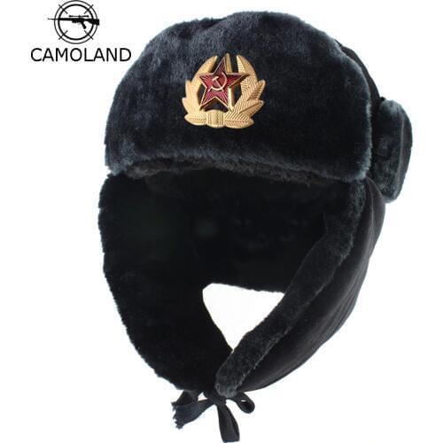 Soviet Army Military Badge Russia Ushanka Bomber Hats Pilot Trapper trooper Hat Winter Faux Rabbit Fur Earflap Men Snow Caps