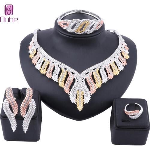 Three Tones Dubai Bridal Crystal Jewelry Sets For Women African Engagement Necklace Earrings Bangle Ring Bridal Set