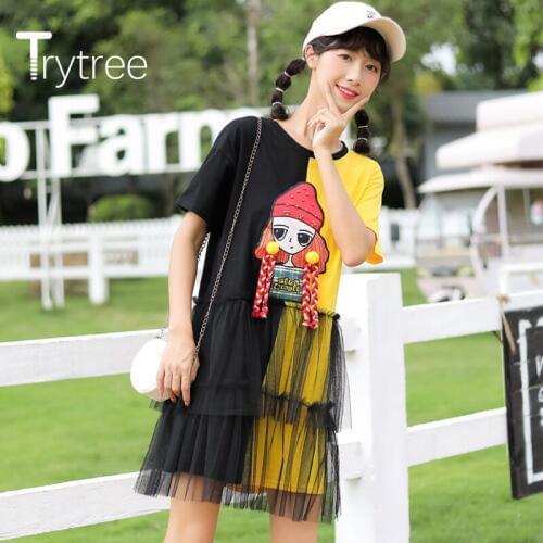 Trytree 2020 Summer Women Casual Dress O-neck Patchwork Lace Lovely Long braid doll Temperament Elegant Mini Office Lady Dress