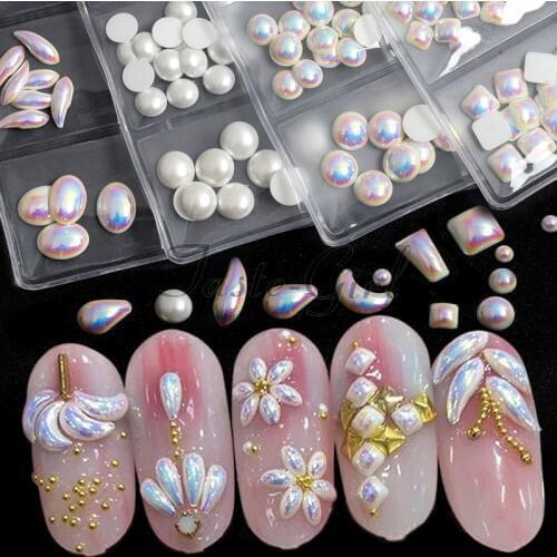 6 Grids/Pack Round Square Pearls flat back 3D white AB Nail Art Pearls Decorations Nail Accessories Designs manicure DIY